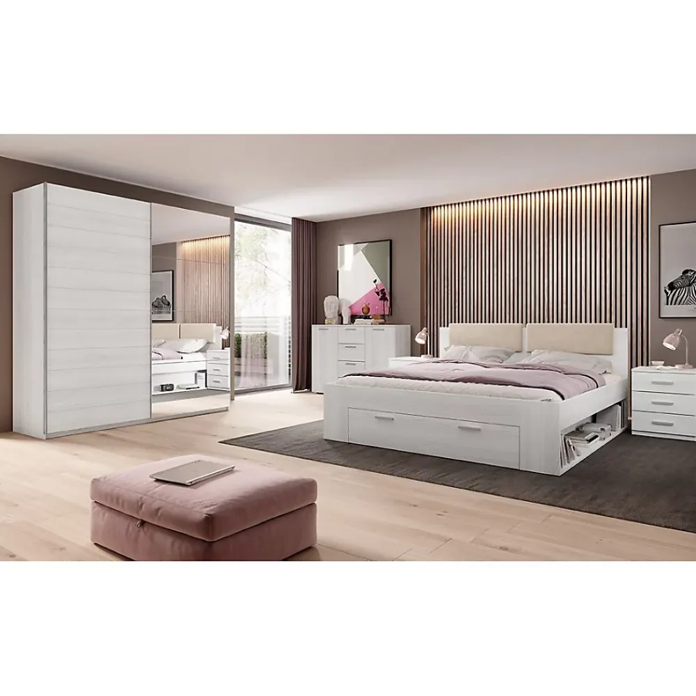 Meublorama Lit adulte 180x200 avec tiroirs intégrés - Collection FLOYD, Coloris blanc effet bois* Lit Avec Rangement