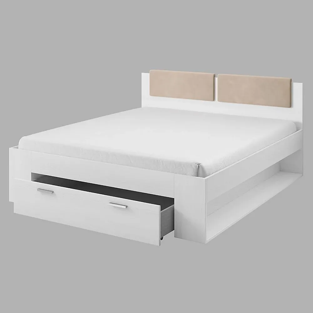Meublorama Lit adulte 180x200 avec tiroirs intégrés - Collection FLOYD, Coloris blanc effet bois* Lit Avec Rangement