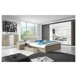 Lit adulte 160x200 avec tiroirs intégrés - Collection EOS. Coloris chene clair et blanc>Meublorama Discount