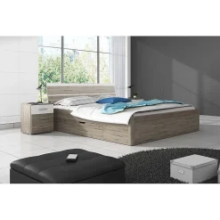 Lit adulte 160x200 avec tiroirs intégrés - Collection EOS. Coloris chene clair et blanc><noscript><img width=