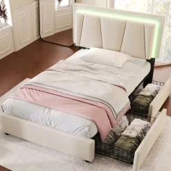 Generique Lit Adulte 90x200 cm avec LED et Tiroirs - Lit Capitonné avec Tête Réglable et Rangement - en Lin Beige, Sans Matelas* Lit Simple