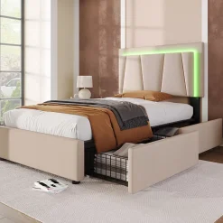 Generique Lit Adulte 90x200 cm avec LED et Tiroirs - Lit Capitonné avec Tête Réglable et Rangement - en Lin Beige, Sans Matelas* Lit Simple