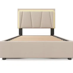 Generique Lit Adulte 90x200 cm avec LED et Tiroirs - Lit Capitonné avec Tête Réglable et Rangement - en Lin Beige, Sans Matelas* Lit Simple