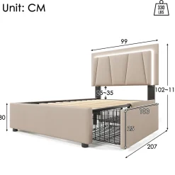 Generique Lit Adulte 90x200 cm avec LED et Tiroirs - Lit Capitonné avec Tête Réglable et Rangement - en Lin Beige, Sans Matelas* Lit Simple