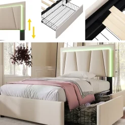 Generique Lit Adulte 90x200 cm avec LED et Tiroirs - Lit Capitonné avec Tête Réglable et Rangement - en Lin Beige, Sans Matelas* Lit Simple
