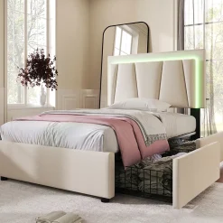Generique Lit Adulte 90x200 cm avec LED et Tiroirs - Lit Capitonné avec Tête Réglable et Rangement - en Lin Beige, Sans Matelas* Lit Simple