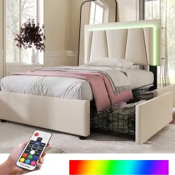 Generique Lit Adulte 90x200 cm avec LED et Tiroirs - Lit Capitonné avec Tête Réglable et Rangement - en Lin Beige, Sans Matelas* Lit Simple