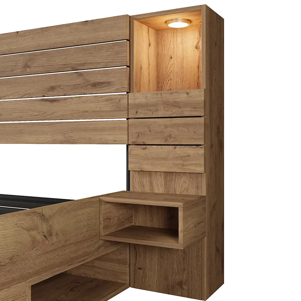 ModernLuxe Lit adulte 180x200 cm en bois + MDF - avec table de chevet suspendue - LED + prises chargement - Naturel (sans matelas)* Lit Avec Rangement