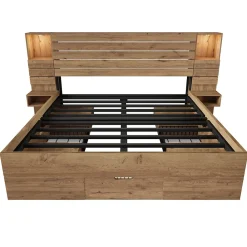 ModernLuxe Lit adulte 160x200 cm en bois+MDF - avec table de chevet suspendue - LED + prises chargement - Naturel (sans matelas)* Lit Avec Rangement