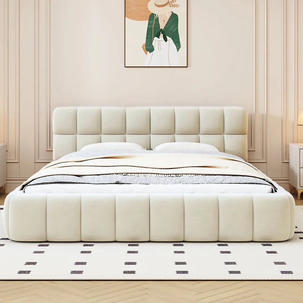 Lit adulte 140x190 cm, lin beige, dossier moelleux, sommier à lattes, tête de lit rembourrée.>Simple Life Clearance