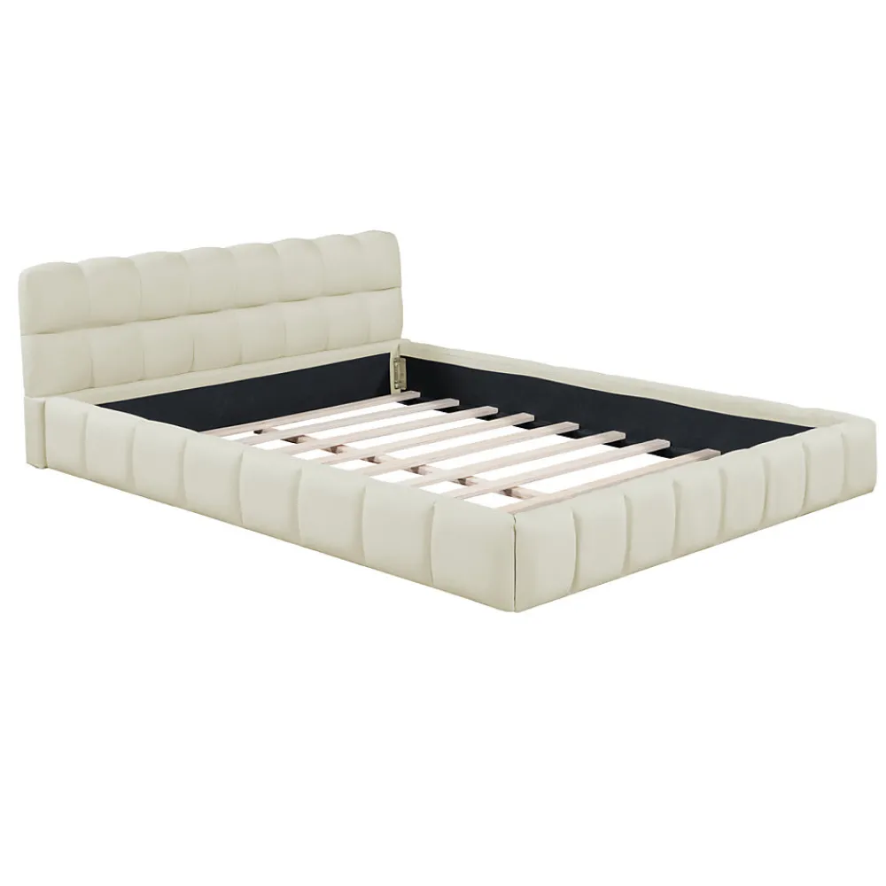 Lit adulte 140x190 cm, lin beige, dossier moelleux, sommier à lattes, tête de lit rembourrée.>Simple Life Clearance