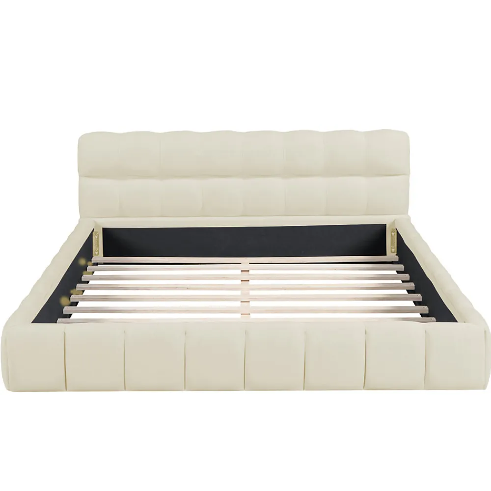 Lit adulte 140x190 cm, lin beige, dossier moelleux, sommier à lattes, tête de lit rembourrée.>Simple Life Clearance