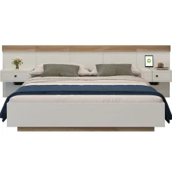 Lit adulte 140x200 cm, lit double avec chevets suspendus, led et prise usb type c, cadre en bois, chêne + blanc (sans matelas)>Gutent Best