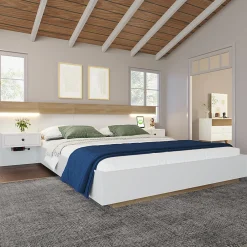 Lit adulte 140x200 cm, lit double avec chevets suspendus, led et prise usb type c, cadre en bois, chêne + blanc (sans matelas)><noscript><img width=