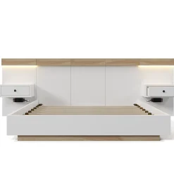 Lit adulte 140x200 cm, lit double avec chevets suspendus, led et prise usb type c, cadre en bois, chêne + blanc (sans matelas)><noscript><img width=