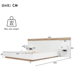 Lit adulte 140x200 cm, lit double avec chevets suspendus, led et prise usb type c, cadre en bois, chêne + blanc (sans matelas)><noscript><img width=