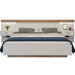 Gutent Lit adulte 160x200 cm, lit double avec chevets suspendus, led et prise usb type c, cadre en bois, chêne + blanc (sans matelas)* Lit Double