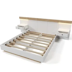 Gutent Lit adulte 160x200 cm, lit double avec chevets suspendus, led et prise usb type c, cadre en bois, chêne + blanc (sans matelas)* Lit Double