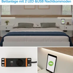 Gutent Lit adulte 160x200 cm, lit double avec chevets suspendus, led et prise usb type c, cadre en bois, chêne + blanc (sans matelas)* Lit Double