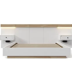 Gutent Lit adulte 160x200 cm, lit double avec chevets suspendus, led et prise usb type c, cadre en bois, chêne + blanc (sans matelas)* Lit Double