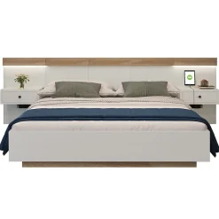 Lit adulte 180x200 cm, lit double avec chevets suspendus, led et prise usb typ c, cadre en bois, chêne + blanc (sans matelas)>Gutent New