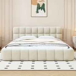 Lit adulte 140x200 cm, lit rembourré en lin, dossier moelleux, sommier à lattes, tête de lit, Beige><noscript><img width=