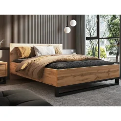Meublorama Lit adulte 160x200 style industriel - Collection MILOS. Coloris chene brut et noir.* Lit Double