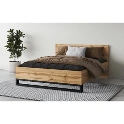 Lit adulte 160x200 style industriel - Collection MILOS. Coloris chene brut et noir. Sommier inclus>Meublorama Online