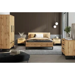 Lit adulte 160x200 style industriel - Collection MILOS. Coloris chene brut et noir. Sommier inclus><noscript><img width=