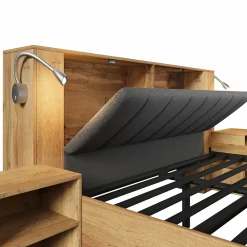 ModernLuxe Lit adulte 180x200cm - lampe de lecture+prises chargement+banquette de rangement - 2 tables de chevet - Naturel (sans matelas)* Lit Avec Rangement