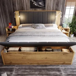 ModernLuxe Lit adulte 160x200cm - lampe de lecture+prises chargement+banquette de rangement - 2 tables de chevet - Naturel (sans matelas)* Lit Avec Rangement