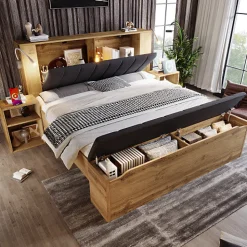 ModernLuxe Lit adulte 160x200cm - lampe de lecture+prises chargement+banquette de rangement - 2 tables de chevet - Naturel (sans matelas)* Lit Avec Rangement