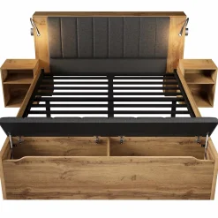 ModernLuxe Lit adulte 160x200cm - lampe de lecture+prises chargement+banquette de rangement - 2 tables de chevet - Naturel (sans matelas)* Lit Avec Rangement