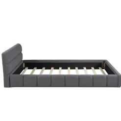 Lit adulte 160x200cm en lin avec dossier moelleux, lit plat avec sommier à lattes, gris><noscript><img width=