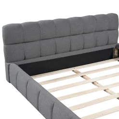 Lit adulte 160x200cm en lin avec dossier moelleux, lit plat avec sommier à lattes, gris><noscript><img width=