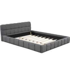Lit adulte 160x200cm en lin avec dossier moelleux, lit plat avec sommier à lattes, gris><noscript><img width=