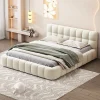 Lit adulte 160x200cm en lin avec dossier moelleux, lit plat avec sommier à lattes, beige>Simple Life Sale