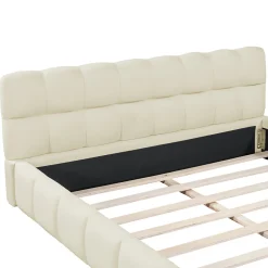 Lit adulte 160x200cm en lin avec dossier moelleux, lit plat avec sommier à lattes, beige><noscript><img width=