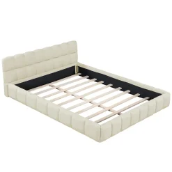 Lit adulte 160x200cm en lin avec dossier moelleux, lit plat avec sommier à lattes, beige><noscript><img width=