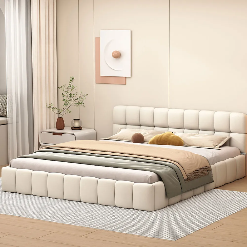 Lit adulte 160x200cm en lin avec dossier moelleux, Lit plat avec sommier à lattes, beige>Simple Life Outlet