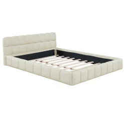 Lit adulte 160x200cm en lin avec dossier moelleux, Lit plat avec sommier à lattes, beige><noscript><img width=