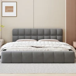 Simple Life Lit adulte 160x200cm en lin avec dossier moelleux, Lit plat avec sommier à lattes, gris* Lit Coffre