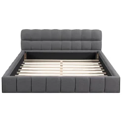 Simple Life Lit adulte 160x200cm en lin avec dossier moelleux, Lit plat avec sommier à lattes, gris* Lit Coffre