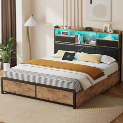 ProximaX Lit adulte 140x200cm,avec LED et tiroirs, lit en fer avec tête de lit et sommier à lattes, noir* Sommier
