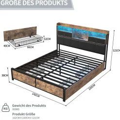 ProximaX Lit adulte 140x200cm,avec LED et tiroirs, lit en fer avec tête de lit et sommier à lattes, noir* Sommier
