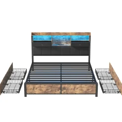 ProximaX Lit adulte 140x200cm,avec LED et tiroirs, lit en fer avec tête de lit et sommier à lattes, noir* Sommier