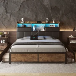 ProximaX Lit adulte 140x200cm,avec LED et tiroirs, lit en fer avec tête de lit et sommier à lattes, noir* Sommier