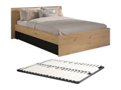 Vente-unique Lit avec 2 tiroirs 140 x 190/200 cm - Coloris : Naturel et noir + Sommier - VARLY* Lit Avec Rangement