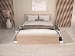 Lit avec 4 tiroirs 140 x 190 cm - Coloris : Blanc brillant et naturel - VELONA>Vente-unique Discount
