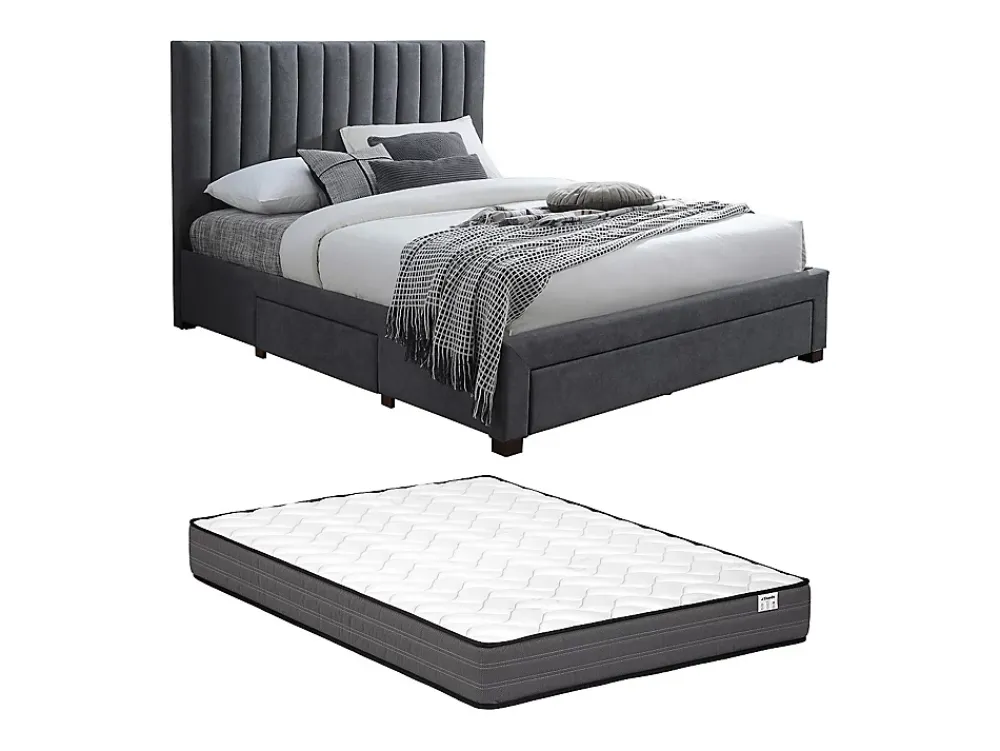 Vente-unique Lit avec 3 tiroirs 180 x 200 cm - Tissu - Gris + Matelas - LIAKO* Lit Avec Rangement